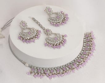 Lavender Indian Jewelry Set: Silver Polish Necklace Earrings Tikka