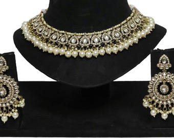 White Pearl Drop Indian Handmade Jewellery Set: Bollywood Necklace, Earrings & Tikka Set