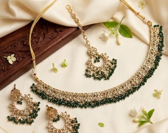 Dark Green Bollywood Jewelry Set: Brass Necklace, Earrings & Tikka