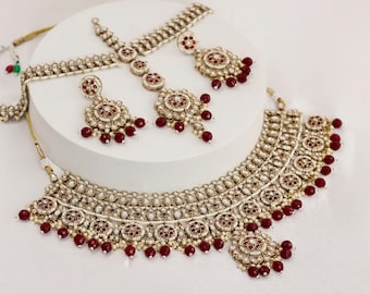 Set di gioielli da sposa Kundan color marrone: collana girocollo indiana, orecchini Tikka