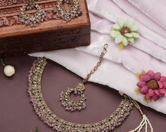 Baby Pink Colour Jewelry Set: Handmade Indian Necklace, Earrings & Tikka Set