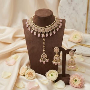 Baby Pink Punjabi Bridal Jewelry Set: Handmade Necklace Earring Tikka