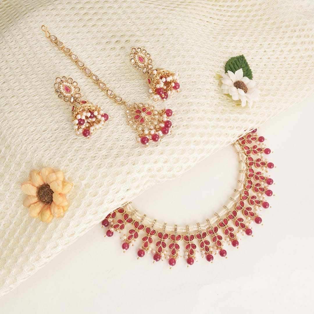 Ruby Set India Ruby Colour Indian Handmade Jewelry Set | Bridal Necklace Earrings ...