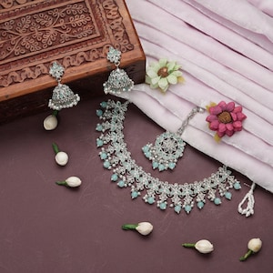 Conjunto Joias Indianas Azul Céu | Colar Brincos Maang Tikka Banho Prata | Noiva Casamento Festa