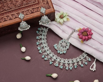 Conjunto Joyas Indias Azul Cielo | Collar Pendientes Maang Tikka Baño Plata | Nupcial Boda Fiesta
