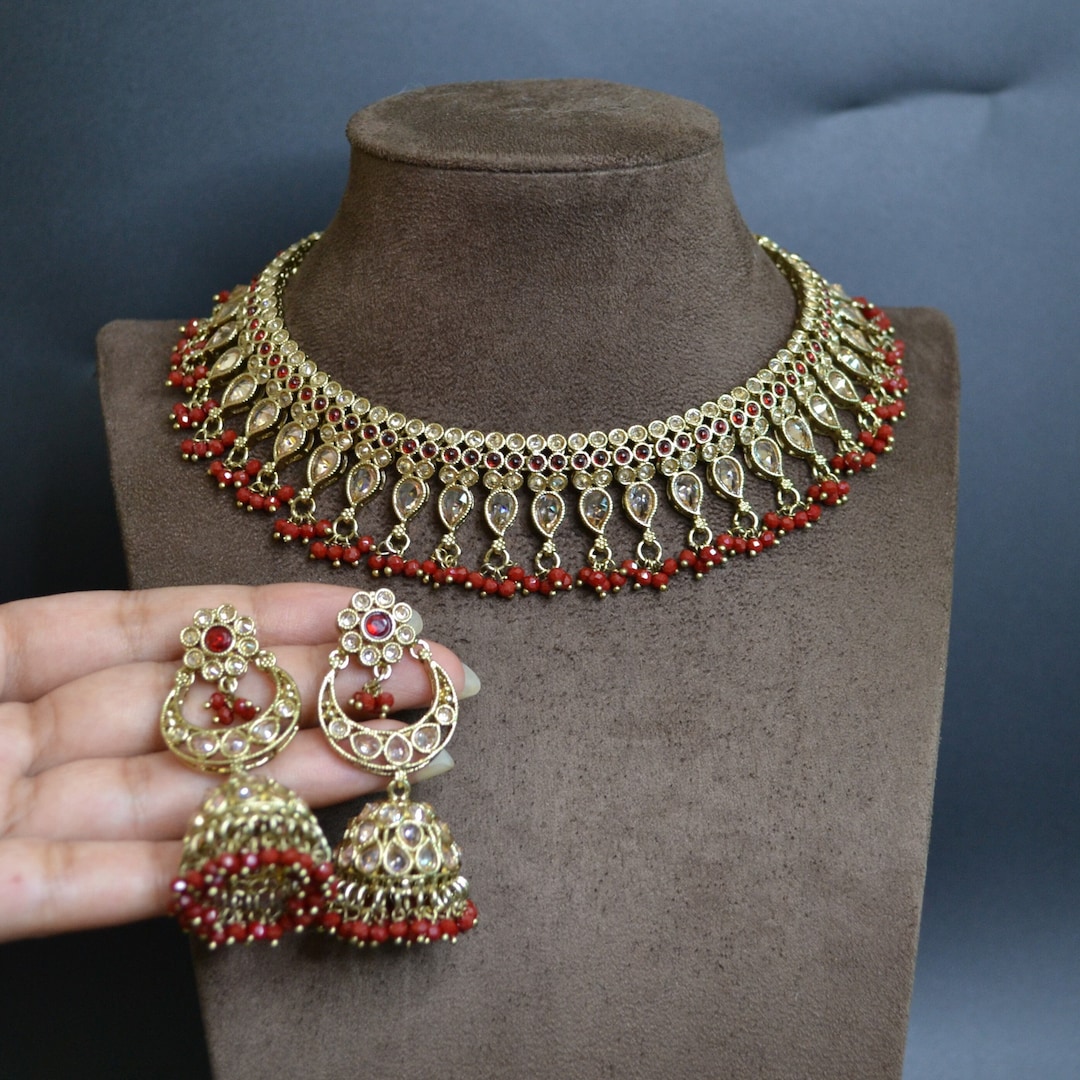 Ruby Color Brass Indian Jewelry Set Bollywood Fashion Jewelry Wedding