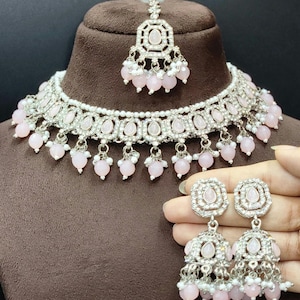 Baby Pink Silver Polish Jewelry Set Indian Bollywood Jewellery Set Bridal Wedding Party Wear Fashion Necklace Earring Tikka Set For Women