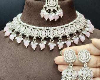 Baby Pink Silver Polish Jewelry Set Indian Bollywood Jewellery Set Bridal Wedding Party Wear Fashion Necklace Earring Tikka Set For Women