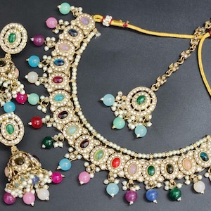 Multi Color Indian Bollywood Jewelry Set Bridal Choker Necklace Earring Tikka Set Wedding Party Ethnic Wear Women Jewelry Gift