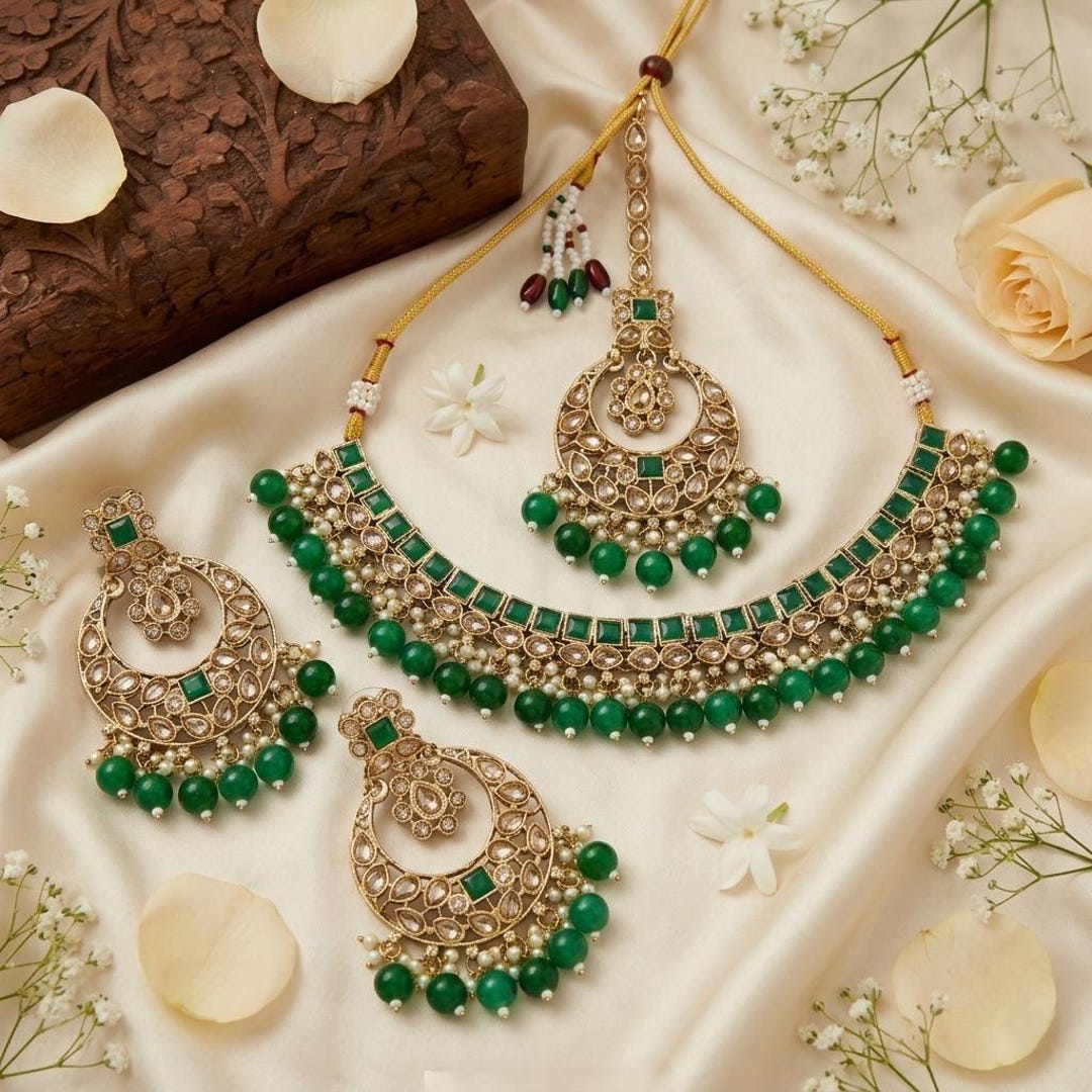 Green Color Indian Jewelry Set | Bridal Wedding Necklace Earrings