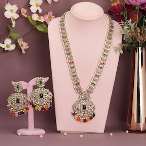 Handmade  Multi Kundan Long Necklace  Earrings Set Premium Quality Indian Jewellery Bridal Wedding Jewellery