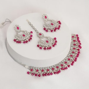 Handmade Indian Jewellery Set Silver Polish Necklace Earrings Tikka Set Wedding Bridal Choker Set