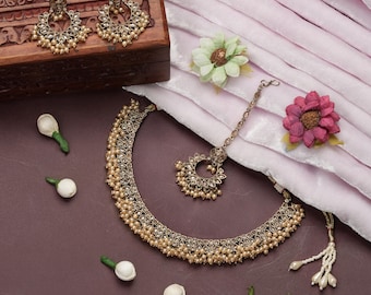 Champagne Colour Handmade Indian Jewelry Set: Choker Necklace, Earrings, Tikka
