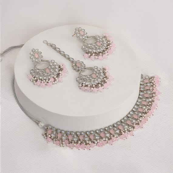 Baby Pink Indian Jewelry Set: Silver Choker Necklace, Earrings, Tikka