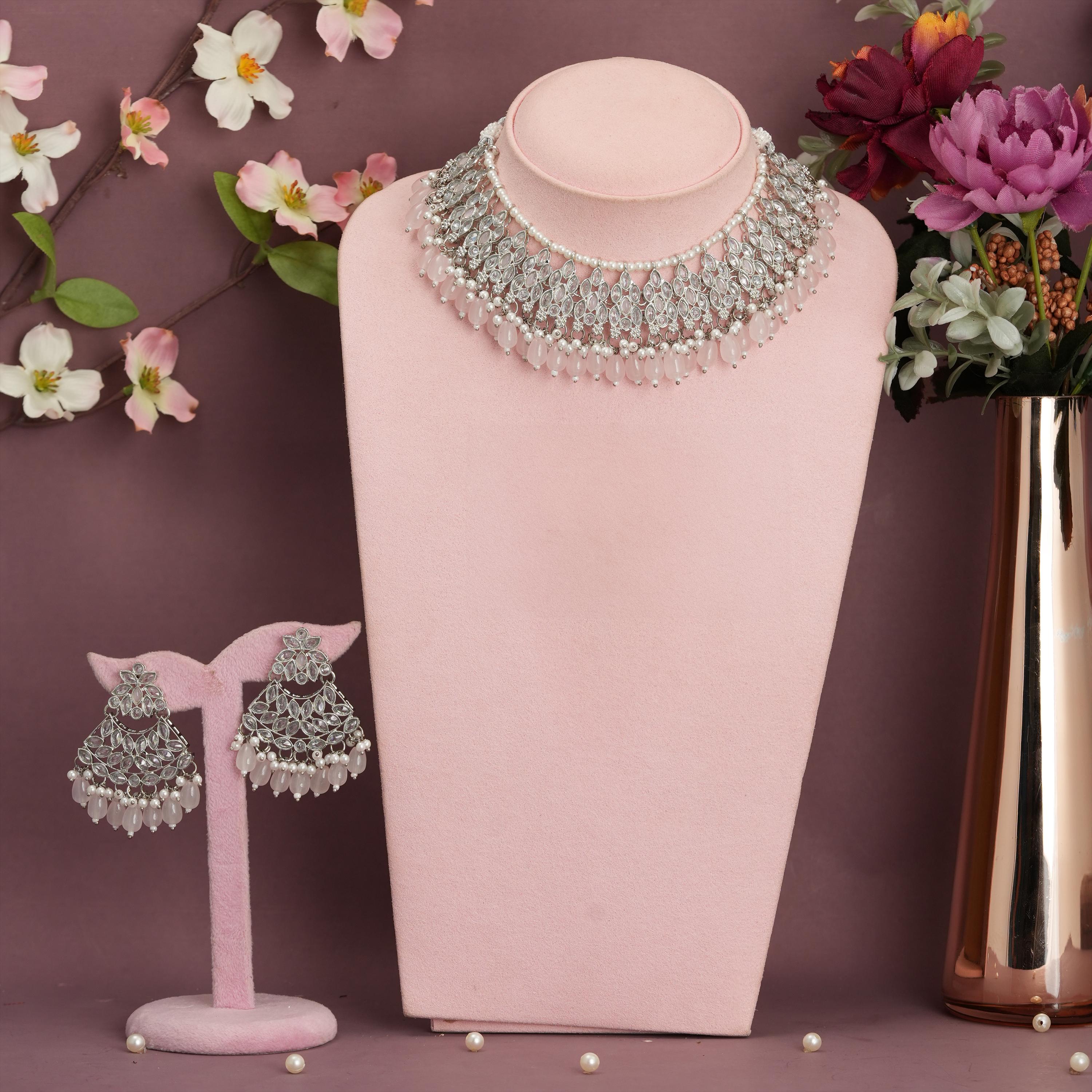 Silver Polish Indian Jewelry Set: Peach Necklace, Earrings & Tikka
