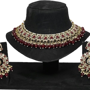 Maroon Indian Bollywood Jewelry Set Fashion Necklace Earrings Tikka Set For Women Wedding Engagement Party Wear