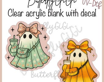 May include: Clear acrylic blank with decal featuring two ghost characters. One ghost is light green with a cherry print, a peach bow, and a matching bag. The other is yellow with an orange bow and bag. Both hold cups and have star accents.