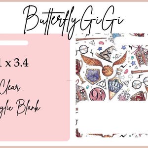 May include: A clear acrylic blank for crafting, measuring 3.1 inches by 3.4 inches. The blank is shown against a background of a Harry Potter themed design with a white background and colorful illustrations of magical objects, including a golden snitch, a wand, and a bottle of Felix Felicis.