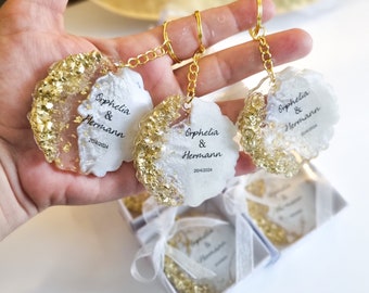 Custom Wedding Keychain Favors: Gold Epoxy Bridal Shower Gifts