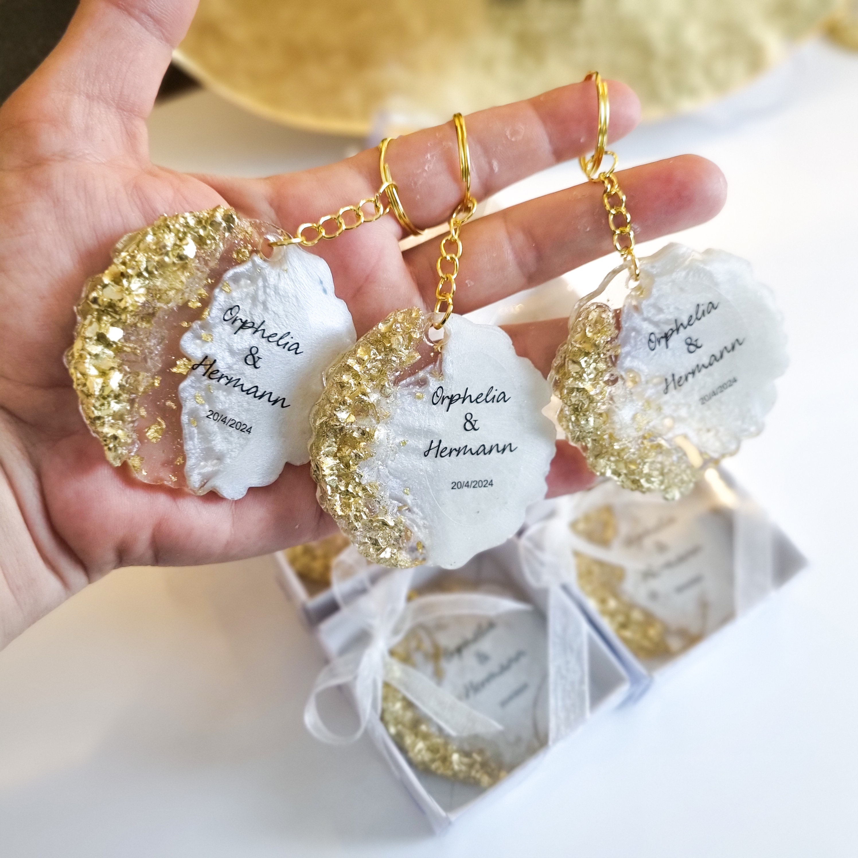Custom Wedding Keychain Favors: Gold Epoxy Bridal Shower Gifts