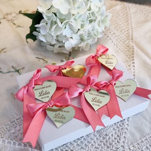 Personalized Acrylic Mirror Heart Tag: Baby Shower Favor, Custom Name