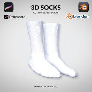 Puede incluir: Un par de calcetines de tenis de algodón blanco, modelo 3D, para usar en proyectos de diseño digital. Los calcetines están diseñados para usar en los programas Procreate y Blender. Descarga instantánea.