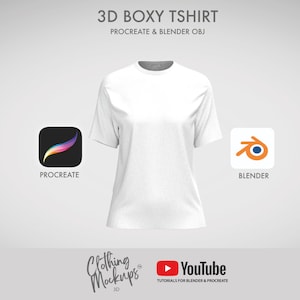 May include: A white 3D boxy t-shirt mockup for use in Procreate and Blender. The image includes the Procreate and Blender logos.