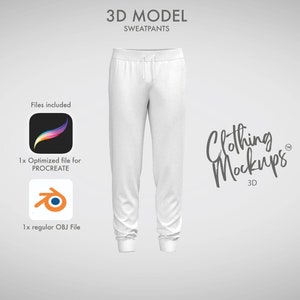 May include: White sweatpants 3D model for digital design. Includes a Procreate file and an OBJ file.