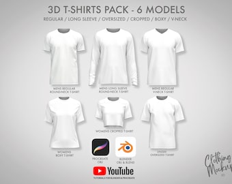 3D T-SHIRT PACK - Procreate, obj & Blender: Regular Tee, long-sleeve, Oversized, Boxy, Cropped and V-neck tshirts