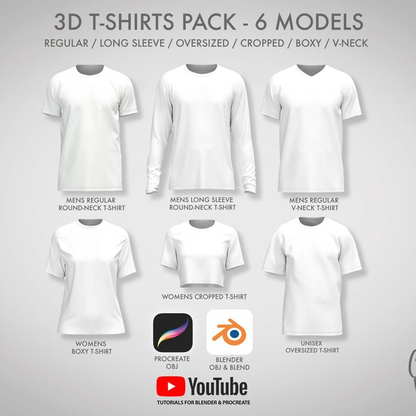 3D T-SHIRT PACK - Procreate, obj & Blender: Regular Tee, long-sleeve, Oversized, Boxy, Cropped and V-neck tshirts