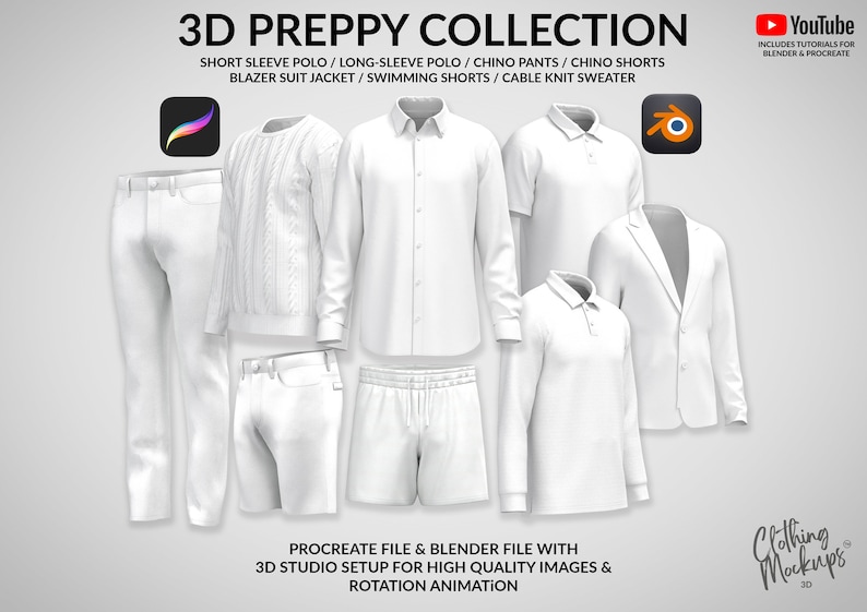 3D Mockups Procreate and Blender, includes 3D models of a polo, buttoned shirt, chino pants, chino shorts, swimming shorts, long sleeve buttoned polo, cable knit sweater and a jacket blazer.
