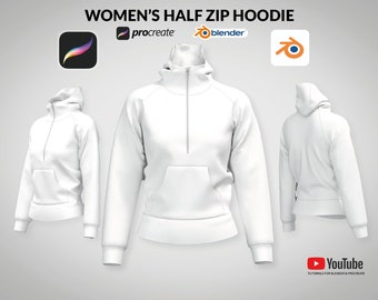 May include: White half-zip hoodie mockup with a kangaroo pocket. The hoodie is shown from the front, side, and back. The image includes the logos for Procreate and Blender.