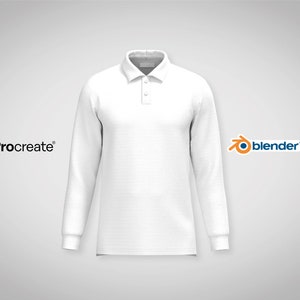 May include: White long-sleeve polo shirt mockup. The shirt is on a plain gray background. The text "Procreate" and "blender" are visible in the image.