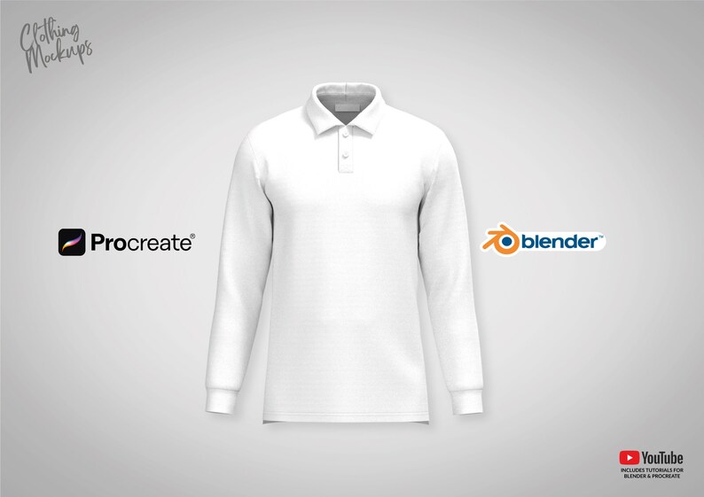 May include: White long-sleeve polo shirt mockup. The shirt is on a plain gray background. The text "Procreate" and "blender" are visible in the image.