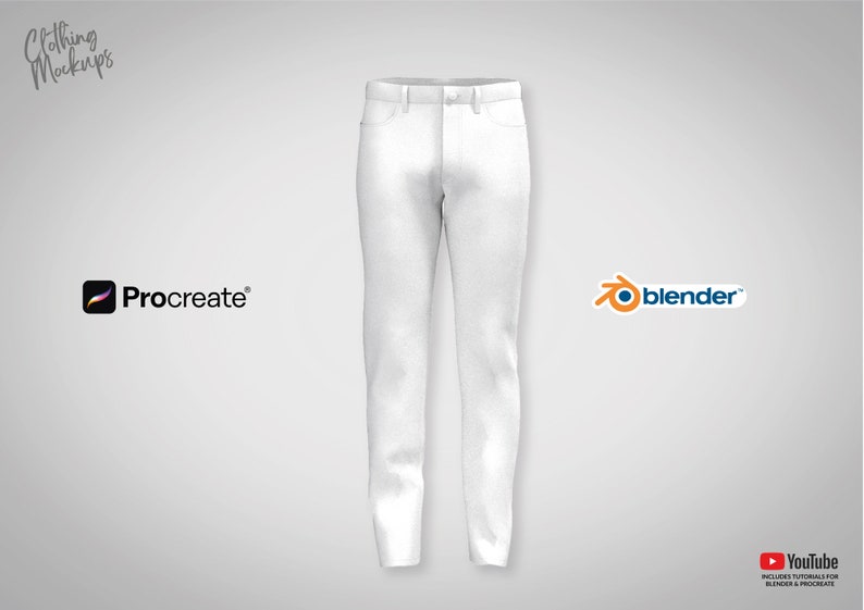 May include: White jeans mockup for clothing design.  The jeans are a light white color and have a classic fit.  The image is a front view of the jeans.