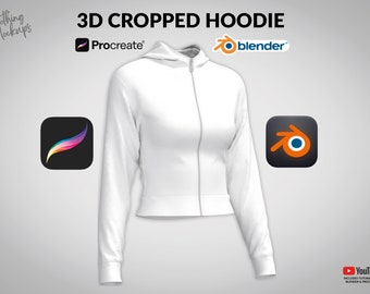 May include: A white cropped hoodie with a zipper. The hoodie is a 3D model and can be used for mockups in Procreate or Blender. The image includes the logos for Procreate and Blender.