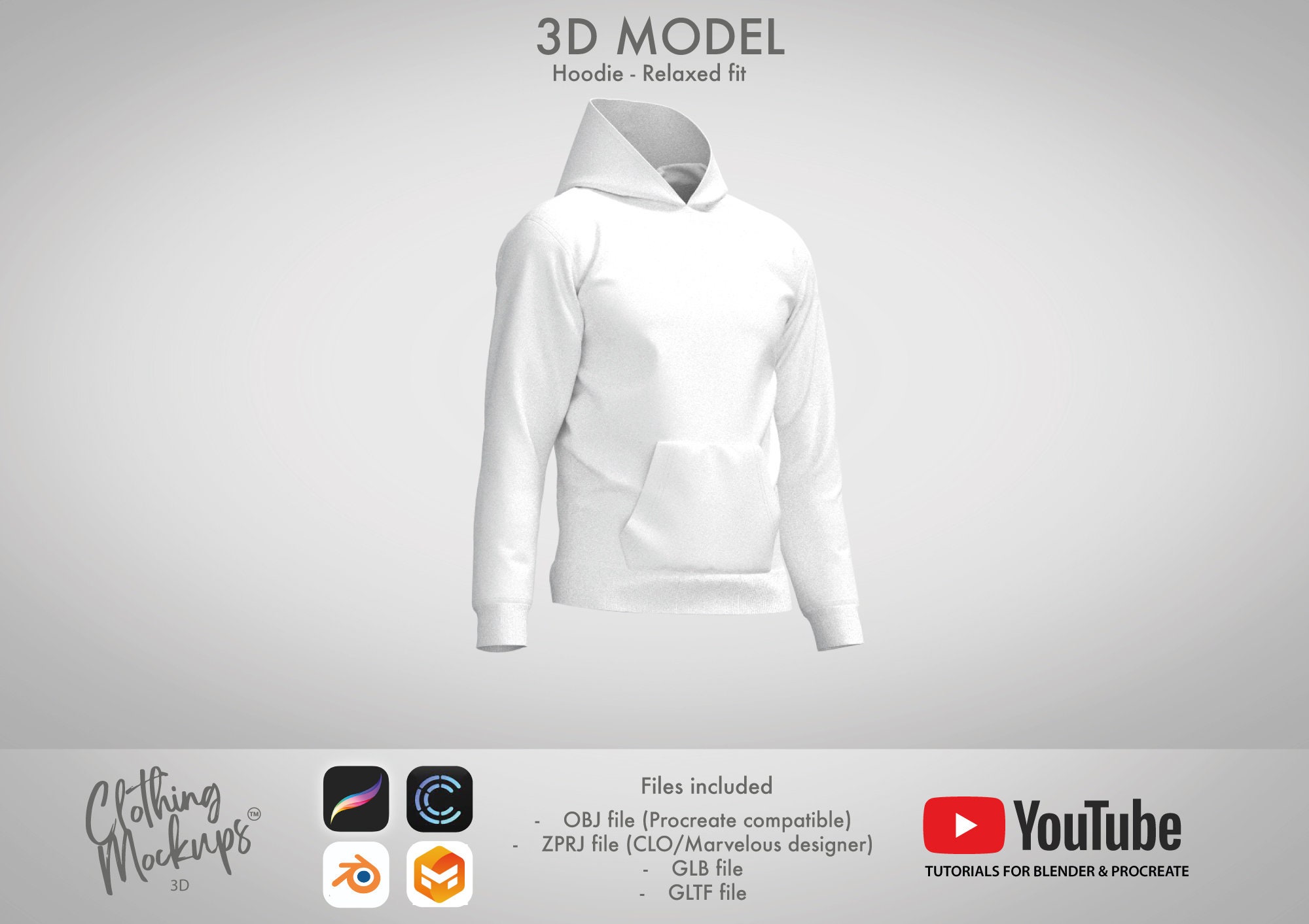 3D Hoodie - Relaxed fit - Procreate / OBJ / Marvelous Designer / CLO3D