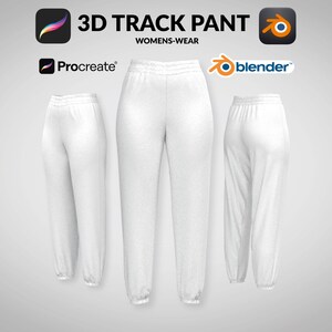 Op de afbeelding: Witte trainingsbroek mockup voor productontwerp. De broek wordt van voren, van de zijkant en van achteren getoond. De afbeelding bevat de tekst "3D TRACK PANT", "WOMENS-WEAR", "Procreate" en "blender".