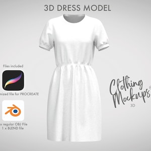 May include: A 3D model of a white dress with short sleeves and a gathered waist. The image features the text "3D Dress Model" and "Clothing Mockups 3D." It also shows files for Procreate, an OBJ file, and a BLEND file.
