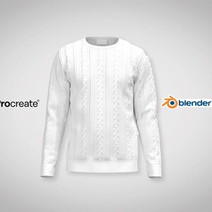 May include: White cable knit sweater mockup for product design.  The sweater is a front view and has a crew neck.  The text "Procreate" and "blender" are visible in the image.
