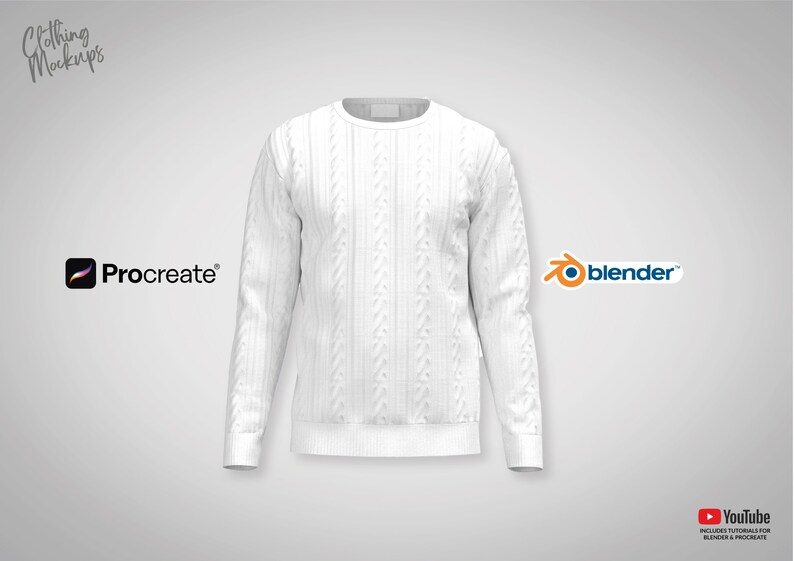 May include: White cable knit sweater mockup for product design.  The sweater is a front view and has a crew neck.  The text "Procreate" and "blender" are visible in the image.