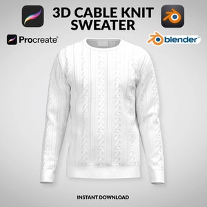 May include: White cable knit sweater mockup, 3D model, created in Procreate and Blender. Instant download includes tutorials for both programs.