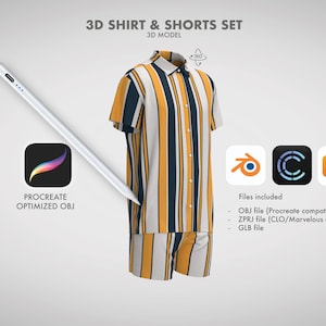 3D Shirt & Shorts Set - Procreate / OBJ / Blender / CLO3D / Marvelous Designer / ZPRJ / GLB