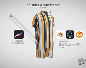 May include: 3D model of a striped shirt and shorts set in yellow, white, and blue. The model is compatible with Procreate, CLO, and Marvelous Designer software. Files included: OBJ, ZPRJ, and GLB.