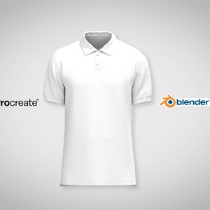 May include: White polo shirt mockup for product design. The shirt is on a white background. The text "Procreate" and "blender" are visible in the image.