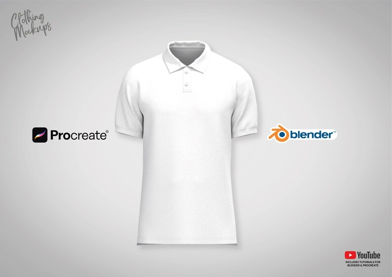 May include: White polo shirt mockup for product design. The shirt is on a white background. The text "Procreate" and "blender" are visible in the image.