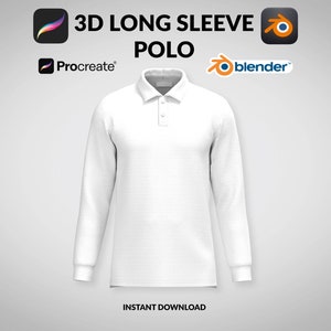 Puede incluir: Una maqueta de polo de manga larga blanca para usar en diseño digital. La camisa está renderizada en 3D y se puede usar para crear diseños de ropa en Procreate o Blender. La imagen incluye el texto "3D Long Sleeve Polo" y "Descarga instantánea".