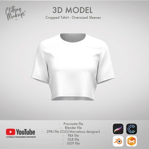 May include: A white cropped t-shirt with oversized sleeves. The t-shirt is a 3D model and is available in various file formats, including Procreate, Blender, ZPRJ, FBX, GLB, and GLTF.