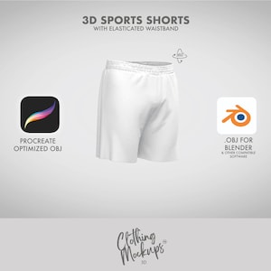 May include: 3D model of white sports shorts with an elastic waistband. The model is optimized for Procreate and Blender software. The image includes the text "3D SPORTS SHORTS WITH ELASTICATED WAISTBAND", "PROCREATE OPTIMIZED OBJ", ".OBJ FOR BLENDER & OTHER COMPATIBLE SOFTWARE", and "Clothing Mockups 3D".