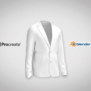 May include: A white blazer mockup for product design. The blazer has a two-button closure and long sleeves. The image includes the logos for Procreate and Blender, and a YouTube logo with the text "Includes tutorials for Blender & Procreate".